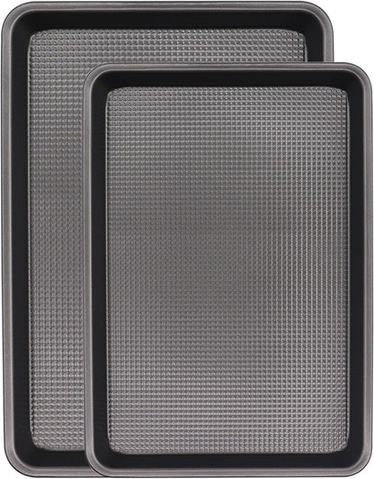 Cookie Sheets for Baking Nonstick, 2 Pack Heavy Duty 0.8mm Dark Gray Sheet Pan Set Quarter(9x13in) & Jelly Roll(10x15in), Diamond Textured Commercial Grade, Small Oven Safe