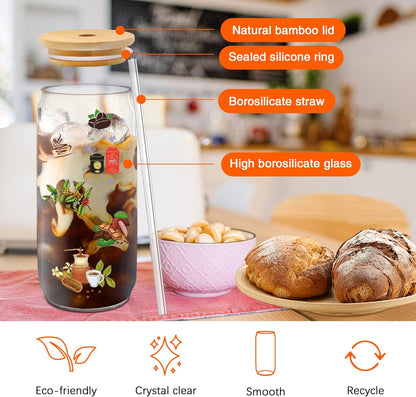 Glass Cups with Lids and Straws 20 Pcs 16 oz Ice Coffee Cup Skinny and Long Can Beer Cups Set Drinking Glasses with Bamboo Lids Reusable Glass Cups Ideal for Smoothies & Beverages
