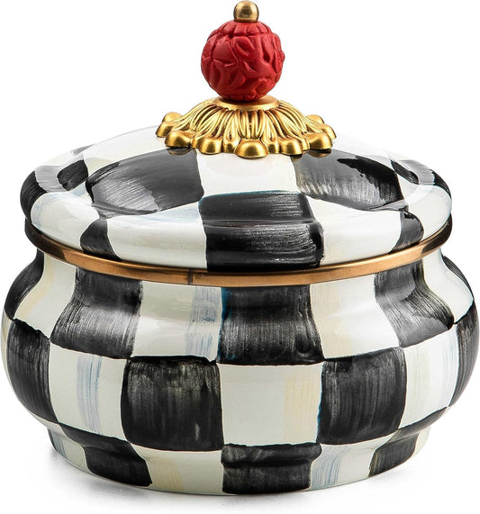 MACKENZIE-CHILDS Enamel Squashed Pot, Cute Enameled Container with Lid, 20 Ounces, Black-and-White Courtly Check