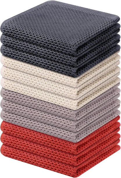 Kitinjoy 100% Cotton Kitchen Dish Cloths, 12 Pack Waffle Weave Ultra Soft Absorbent Dish Towels for Drying Dishes, Quick Drying Dish Rags, 12 X 12 Inch, Multicolor