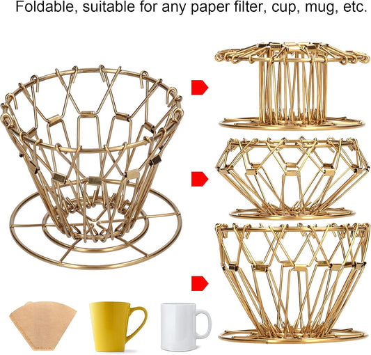Asixxsix Pour Over Coffee Dripper, 304 Stainless Steel Drip Coffee Filter Cup Foldable Portable Reusable Reusable Coffee Filter Cup Coffee Drip Filter Holder for Home Office Cafe