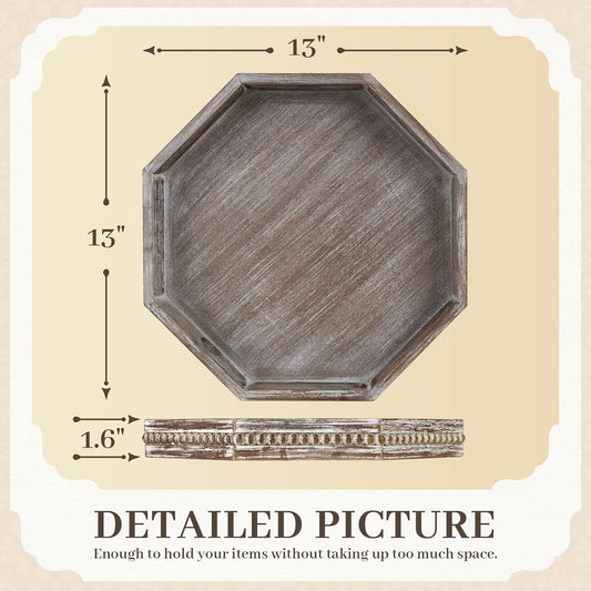 Wooden Decorative Tray, Small Serving Tray with Wood Bead, Farmhouse Big Tray for Ottoman, Countertop, Coffee Tabl, 13" x 13"x 1.6" (Retro Brown)