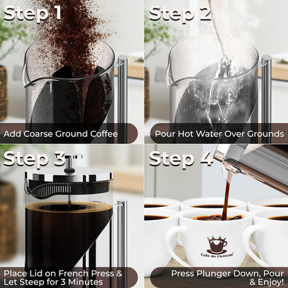 Cafe Du Chateau Stainless Steel French Press Coffee Maker - 34oz Insulated Coffee Press with 4-Level Filtration, BPA Free, Durable Glass, Great for Tea