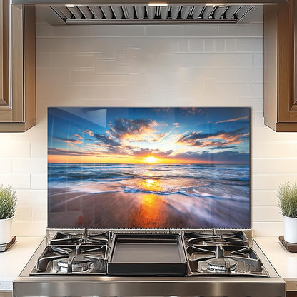 Tempered Glass Backsplash For Kitchen Behind Stove,Sea Beach Stove Backsplash Top Cover,Easy to Clean Glass Splashback, Sink Cover Splash Guard,Home Kitchen Wall Decor (30"x18"(76.2x45.72cm))