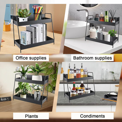Countertop Coffee Bar Organizer,2 Tier Metal Coffee Pod Holder with Handles,Tea Bag Condiment Snack Organizer,Mug Holder for Kitchen,Bathroom,Office,Black