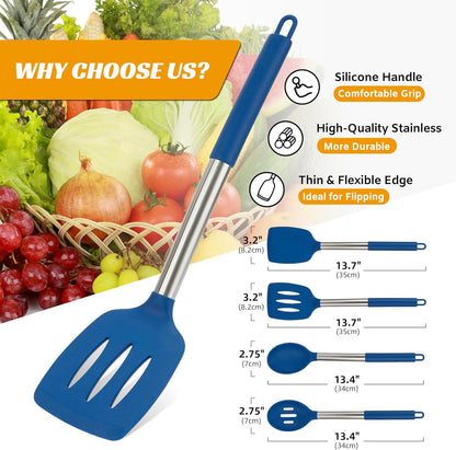 Kitchen Utensils Set of 4 Pack,Silicone Cooking Utensils Set for Nonstick Cookware,Perfect for Baking and Mixing,Spatula Set BPA Free,Dishwasher Safe,Blue