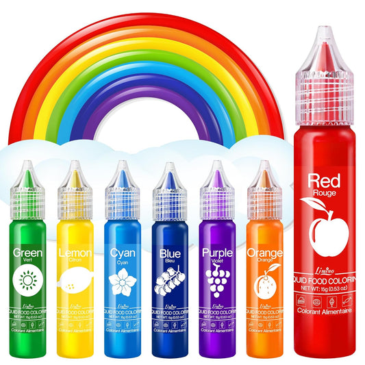 Food Coloring Set - Rainbow Edible Food Color Dye for Baking, Cake Decorating, Royal Icing, Cookie, Fondant and Macaron - 7 x 15g Food Grade Liquid Food Coloring Kit for DIY Slime and Crafts Making
