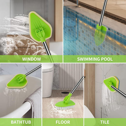 Scrub Cleaning Brush with Long Handle 35'' - Extendable Floor Scrubber with 1 Stiff Bristles & 3 Sponge Brush, Adjustable Lightweigh Detachable Kitchen Brush for Baseboard Shower Bathroom Bathtub Tile