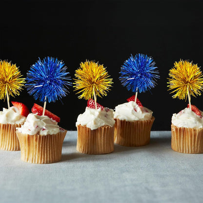 Gyufise 30Pcs Foil Firework Cupcake Toppers Sparkle Tinsel Cake Toppers Tinsel Drink Cake Decoration Cocktail Picks for Birthday Wedding Graduation Party Supplies Gold Dark Blue