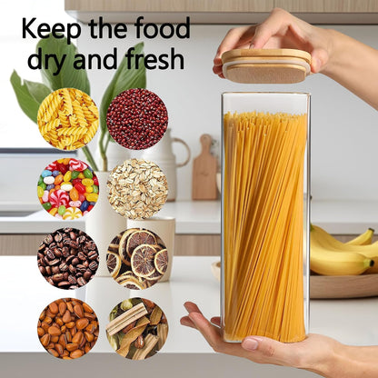 2.2 Qt Square Glass Storage Containers with Lids, Clear Food Storage Container Jar with Sealing Bamboo Lid Storage Containers for Pasta, Oats, Coffee, Flour, Sugar, Square Set-3Pack