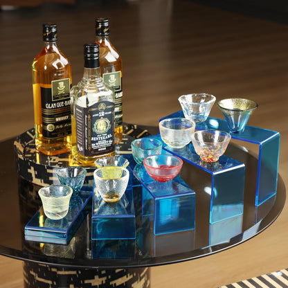 Goabroa Acrylic Display Risers, 2 Sets 10 Pcs Risers Display Stands, Rectangular Acrylic Shelves for Figures, Cupcake, Wine Glass and Handbag display, Transparent Cyan