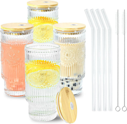 4 Pcs 11 oz Drinking Glasses Cups Set with Bamboo Lids Straws Brush Small Glassware Set for Juice Iced Coffee Cocktail Whiskey(Sunflower*4)