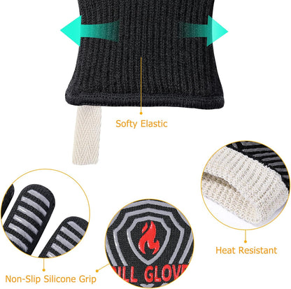 QUWIN BBQ Gloves, Oven Gloves 1472℉ Extreme Heat Resistant, Grilling Gloves Silicone Non-Slip Oven Mitts, Kitchen Gloves for BBQ, Grilling, Cooking, Baking-1 Pair… (Black, One Size(Long Cuff))