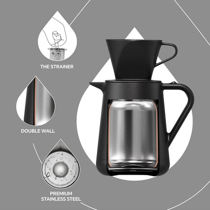 Ideus Insulated Pour Over Coffee Maker Set 20oz, Stainless Steel Coffee Pot Pour Over Set Camp Coffee Carafe BPA-Free with Dripper and Tea Infuser for Home, Office & Camping (Black)