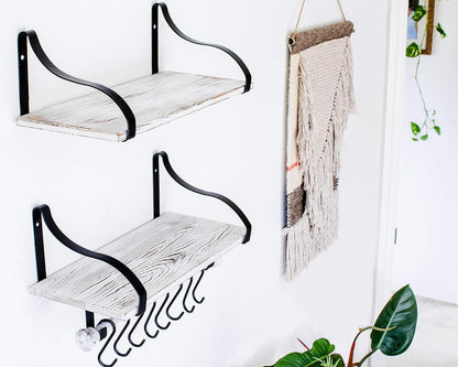 Wall Mounted Floating Spice Shelves with Towel Bar and Removable Hooks, Solid Wood, Rustic Shelving Storage, for Kitchens, Bathrooms and More, Farmhouse Wall Décor, 16.75” Long x 7.5” (White Washed)