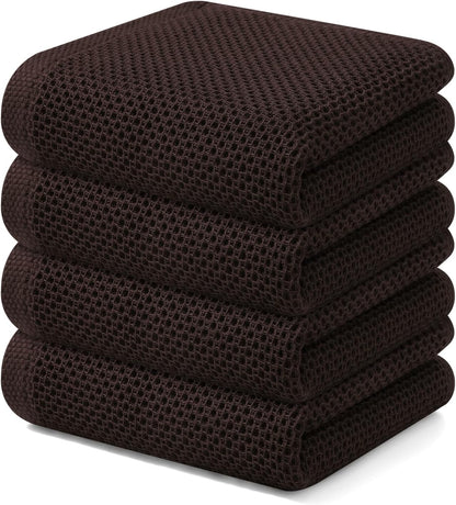 Kitinjoy 100% Cotton Waffle Weave Kitchen Towels, 4-Pack Super Soft and Absorbent Dish Towels for Drying Dishes, Kitchen Hand Towels, 13 in x 28 in, Dark Brown