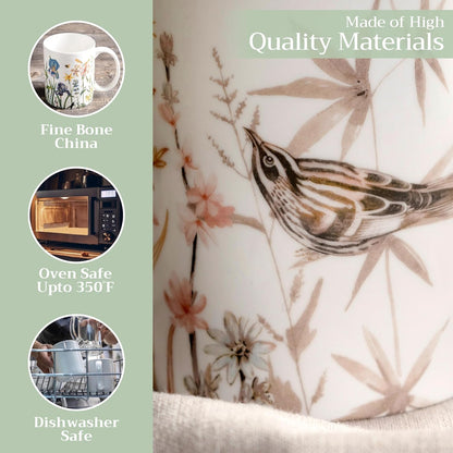 Maison d' Hermine Coffee Mug with Handles Fine Bone China Mugs Pack of One Tea Cups for Hot Beverages Cappuccino Latte Home Office Perfect for Gift (Meadow Florals - Beige Meadow Mornings, 12 Ounce)