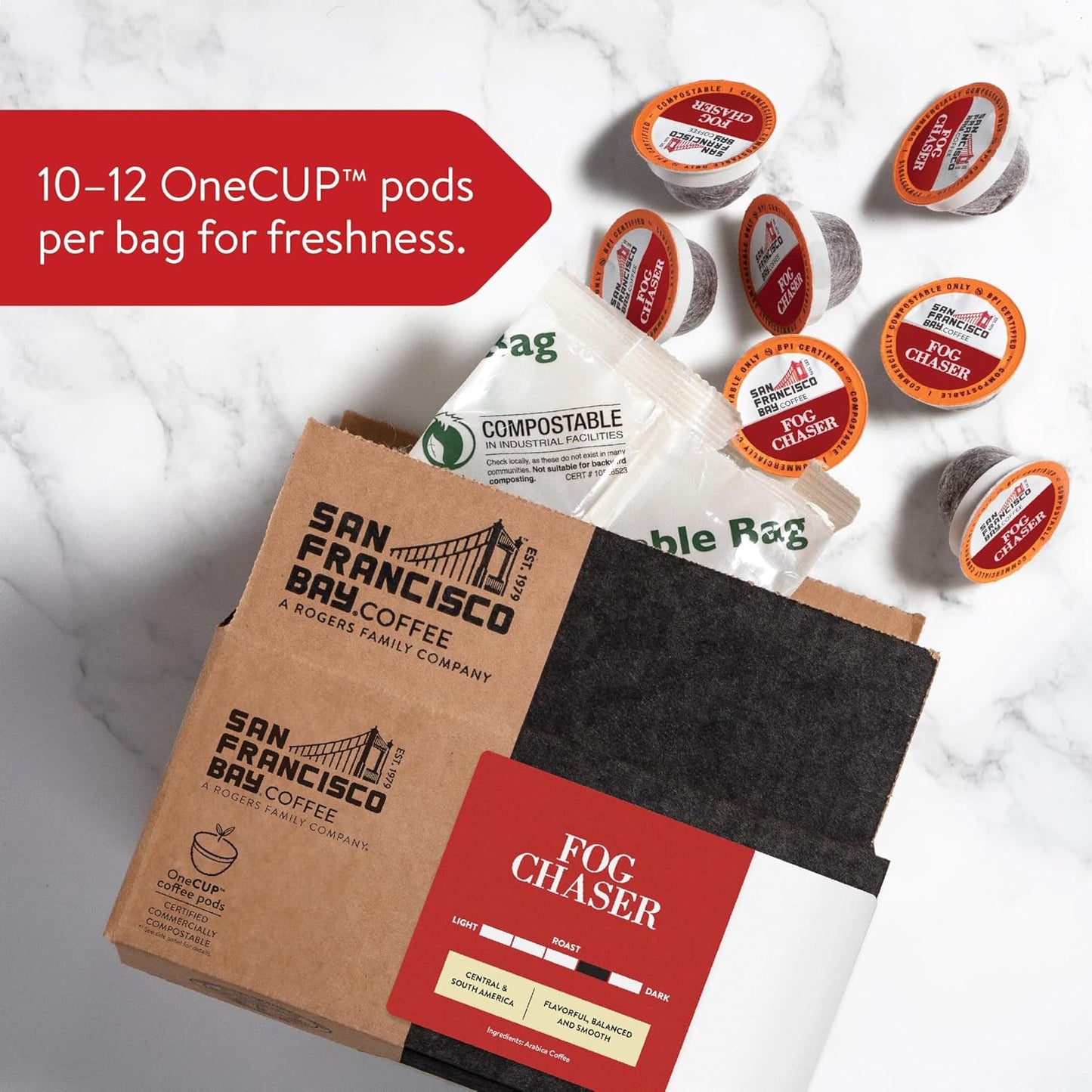 San Francisco Bay Coffee - Medium-Dark Roast - Fog Chaser (80 ct) - Single Serve Coffee Pods, Commercially Compostable, K Cup Compatible
