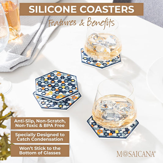 Coasters for Drinks – Set of 4 Coasters, Silicone, Protect Against Water Marks or Damage - Fit All Cups, 3.5" Inch Size Fits, Colored Coasters (Stars of Mars)