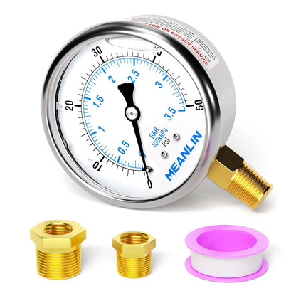 MEANLIN MEASURE 0~50Psi Stainless Steel 1/4" NPT 2.5" FACE DIAL Liquid Filled Pressure Gauge WOG Water Oil Air Lower Mount, with 1/2" NPT and 3/8" NPT Hex Bushing