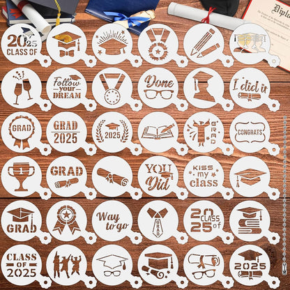 JULBEAR Graduation Cookie Stencils, 36 Pieces Class of 2025 Reusable Coffee Decoration Stencils Templates Tools for Cookies Baking Painting Dessert Decoration DIY Graduate Party Decor