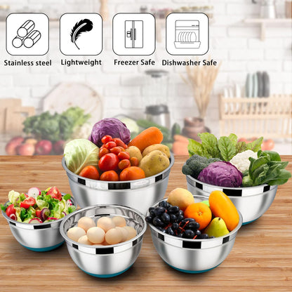 LIANYU Stainless Steel Nesting Mixing Bowls Set of 6, Non-slip Bottom & Airtight Lids, Size 7, 3.5, 2.5, 2, 1.5, 1QT, Large Metal Bowls for Cooking, Baking, Food Storage, Dark Blue
