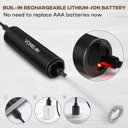 Rechargeable Milk Frother Handheld Electric Frother Wand Milk Foamer Drink Mixer for Coffee, Lattes, Cappuccino, and Egg, Stainless Steel for Travel-Black