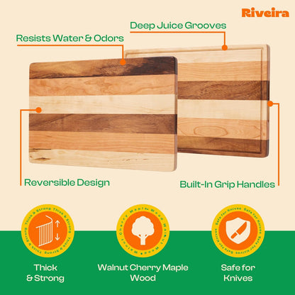 Riveira Walnut/Cherry/Maple Wood Cutting Board – Gourmet Grandeur: 18 x 12 Wooden Cutting Board – Natural Wooden Cutting Boards For Kitchen Decorative – Innovative Juice Grooves Wooden Chopping Board