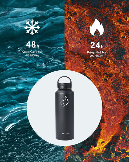 BUZIO 40 oz Water Bottle Insulated with Straw & 3 lid and Carrying Pouch, Leak Proof Anti-Slip Stainless Steel Water Flask Jug, Cold for 48 Hrs Double Vacuum Thermo Canteen, BPA-Free, Black