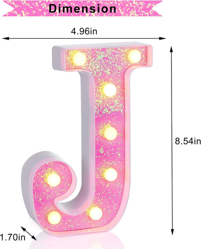 Foaky Pink Light up Letters，Pink Party Decorations,Girls Room Decor,Glitter Light Up Letters,Alphabet Letter Sign for Night Light Birthday Party Girls Gifts, Home Bar Decoration（J）