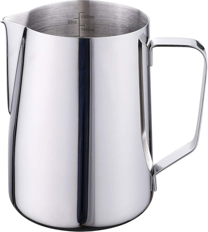 50oz Milk Frothing Pitcher - Stainless Steel Cup With Double Measurement Scales for Latte Art, Espresso and Cappuccino Maker - 18/8 Stainless Steel Steaming Pitcher