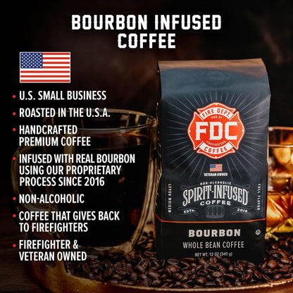 Fire Department Coffee - Bourbon Coffee - Gives Back to Firefighters - Premium Bourbon Infused Whole Beans - Medium Roast - Non-Alcoholic - Roasted in the USA - Veteran Owned - 12 oz