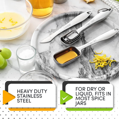 Spring Chef Stainless Steel Measuring Spoons Set of 6 with Leveler, Rectangular Metal Teaspoon & Tablespoon Measuring Spoons for Dry & Liquid Ingredients - Nesting Kitchen Gadgets For Baking & Cooking