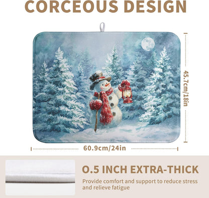 Winter Blue Snowman Dish Drying Mat Christmas Pine Tree Large Kitchen Mats Dish Drying Pad Xmas Absorbent Dish Dryer Mat for Kitchen Countertops Microfiber Drainer Pad Dish Drying Mats (18x24 in)