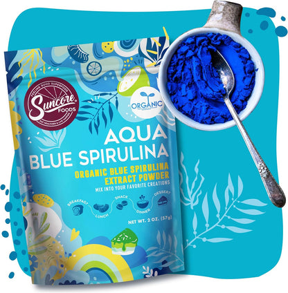 Suncore Foods Organic Aqua Blue Spirulina Powder, 2 oz (1 Bag), Gluten-Free, Non-GMO, Plant-Based, Perfect for Food Coloring, Baking, Drinks, Smoothies, and More