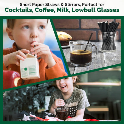 [400 Pack] Chunspak 5.75 inch Disposable Black Paper Cocktail Straws, Paper Bar Stirrers - Individually Wrapped