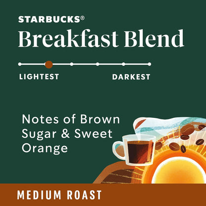 Starbucks K-Cup Coffee Pods, Medium Roast Coffee, Breakfast Blend for Keurig Brewers, 100% Arabica, 6 boxes (60 pods total)