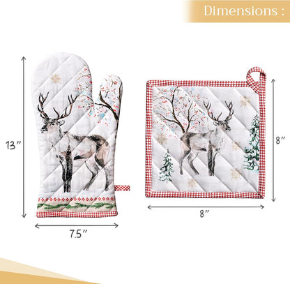 Maison d' Hermine 100% Cotton Oven Mitt & Pot Holder Set (7.5"x13" & 8"x8") Heat Resistant BBQ Cooking Gloves with Loop, Baking, Grilling, Kitchen, Handling Hot Pans (Rural Christmas)