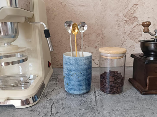 Stoneware Coffee Bar Utensil Holder Tea & Coffee Spoon & Stirrer Holder for Stir Stick Straw Teaspoon Holder Spoon Cup Small Utensil Jar (Sea blue)