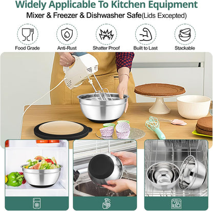 TeamFar Mixing Bowls, 5PCS Stainless Steel Serving Salad Bowls with Lids, For Kitchen Mixing/Baking/Storing/Prepping, Visible & Airtight, Non-Slip Bottom - 4.6/3.5/1.5/1 / 0.7 QT, Black