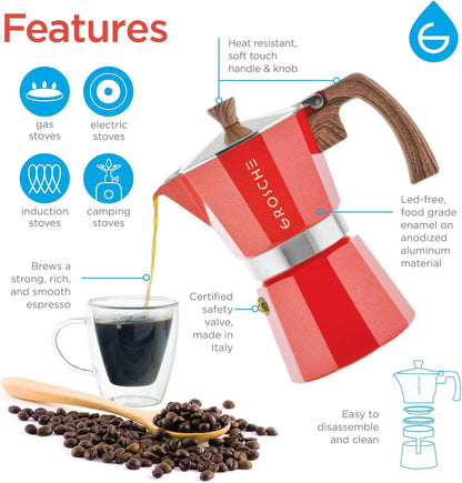 GROSCHE Milano 6 Espresso Cup, 9.3 oz Red Stovetop Espresso Maker - Italian Moka Pot