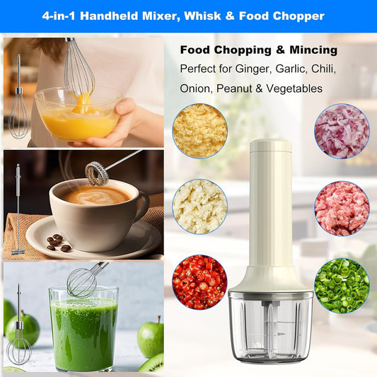 Cordless Hand Mixer MixgoII, Handheld Mixer Electric Whisk & Milk Frother, Hand Held Mini Mixers, Rechargeable Hand Mixer and Whisker, Food Processor for Cooking, Food Chopper, 4-Speed, 10Oz