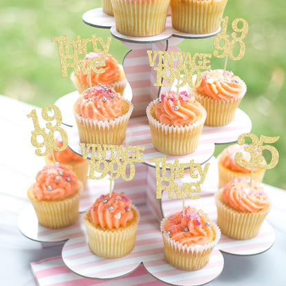 Gyufise 24Pcs Happy 35th Birthday Cupcake Toppers Glitter Thirty Five 35 Fabulous Vintage 1990 Cupcake Picks for 30th Birthday Wedding Anniversary Party Cake Decorations Supplies Gold