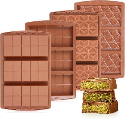4 Pcs Chocolate Bar Mold Deep Dubai 0.85 Inch Stuffed Chocolate Molds Silicone Large Break Apart Silicone Molds (10 Snap + Pyramid)