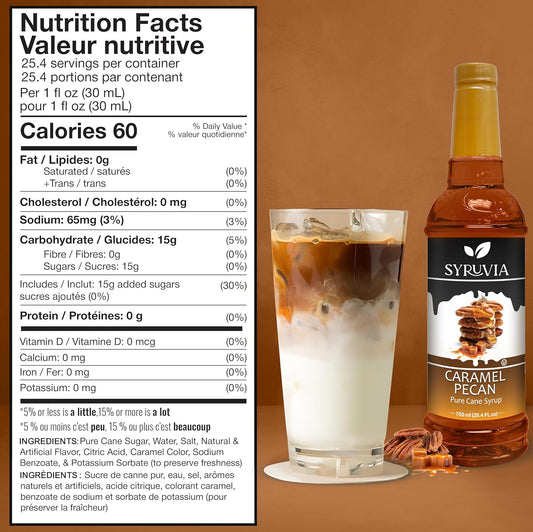 Syruvia Caramel Pecan Coffee Syrup - 25.4 fl oz. Kosher, and Gluten-Free. Ideal for Enhancing Drinks, Sodas, Shakes, Desserts, and More.