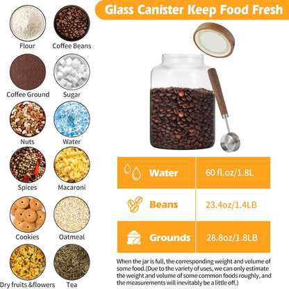 Large Glass Coffee Jars with Spoons 60 oz /1800ml, Round Storage Canister with Wooden Lid Clear Glass Food Jar for Pantry Sugar Tea Coffee Bean Spice Nuts Cookies Bath Salts (1800ml/60oz)