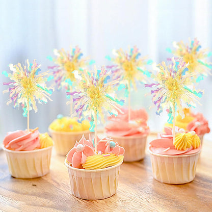30 PCS Foil Firework Cupcake Toppers Sparkle Tinsel Cupcake Picks Happy Birthday Cake Decorations Drink Stirrers Cocktail Food Fruit Toothpicks for Baby Shower Graduation Party Supplies Yellow