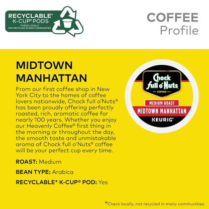 Chock full o’Nuts Midtown Manhattan Keurig K-Cup Pods for Keurig Brewers – Premium Arabica, Medium Roast – Single Serve – 4 Packs of 24 K-Cup Pods