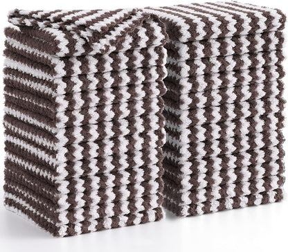 Homaxy 24 Pack Kitchen Dish Cloths, Ultra Soft and Absorbent Dish Towels, Reusable Fast Drying Microfiber Cleaning Cloth, Coral Velvet Wave Design No-lint, 10 x 10 inches, Brown