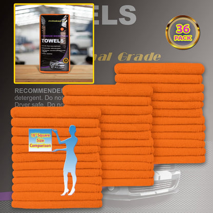Large Microfiber Cleaning Towels, 36-Pack, Ultra Soft Plush Washcloths, Professional Grade Premium Microfiber Detailing Cleaning Cloth for Car, Household and Commercial (Orange, 16" x 16")